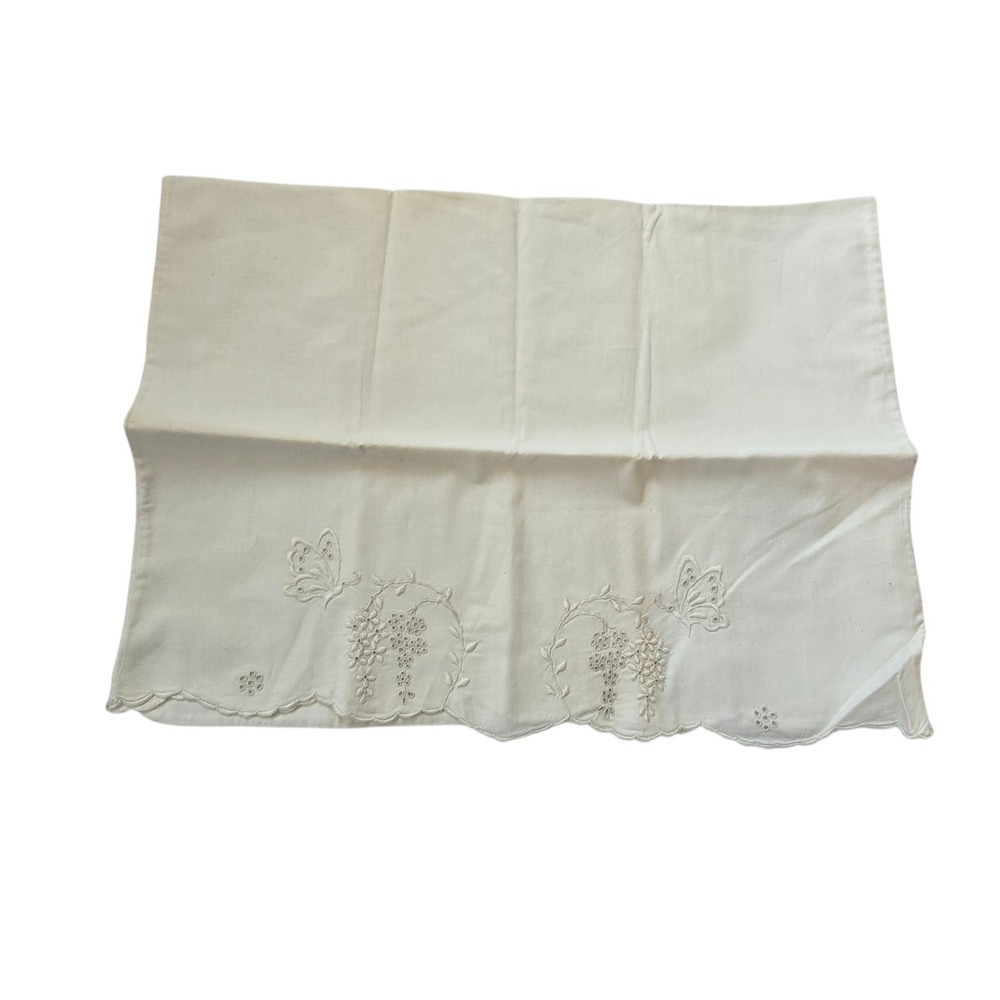 Vintage Embroidered Pillowcase Cream Boho Cottage Granny Shabby Cotton